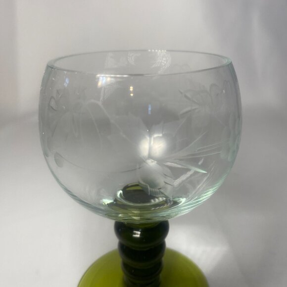4 Vtg German Roemer Olive Green Wine Cordial Glass Etched Grape Vine Ball EUC - Picture 3 of 10